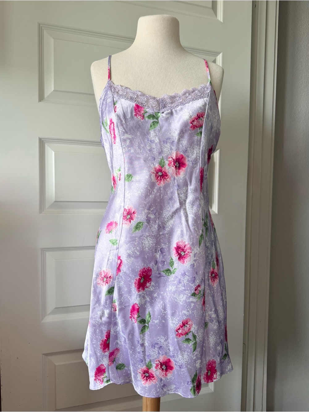 Y2K Private Luxuries Fairycore Lavender Floral Satin Slip Dress Lace Trim